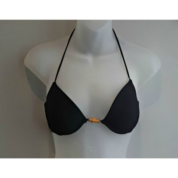 Victorias Secret Halter Bikini Top Swim Bra Black Gold Wood Beaded Size 34B - Picture 9 of 9
